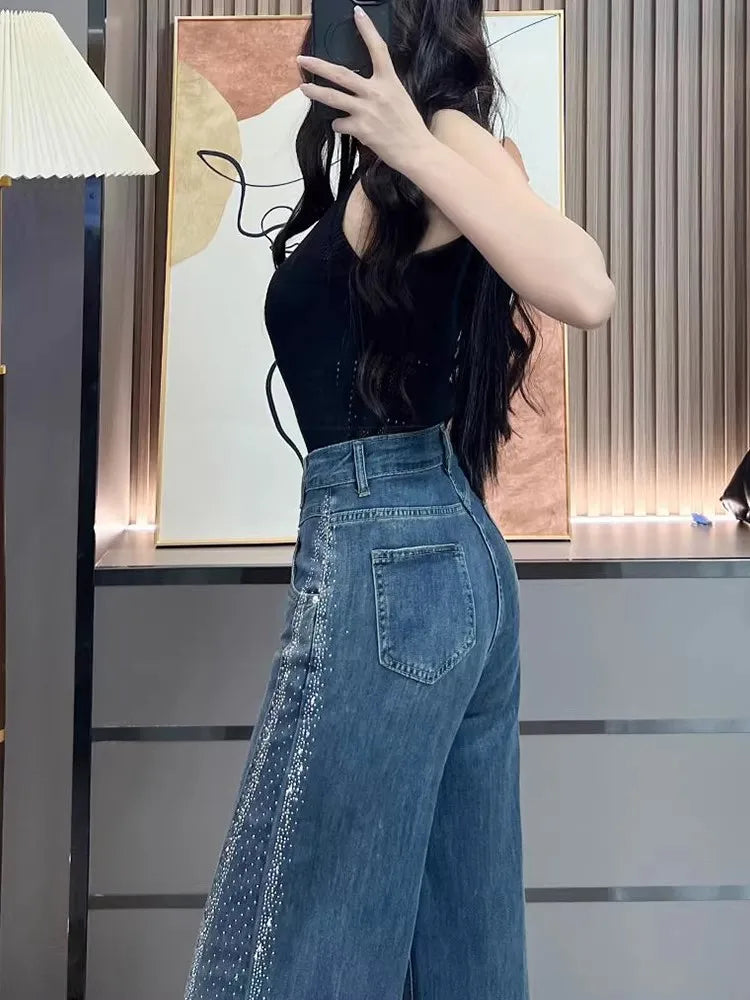 Women's High Waist Bell Bottom Jeans — Rhinestone Retro Denim