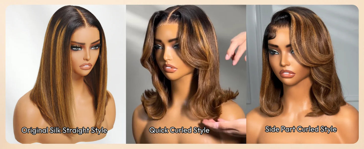 Brown With Blonde Piano Highlights Blunt Bob Wig With Dark Roots | No-Slip 7x5 Pre-Cut Glueless Human Hair