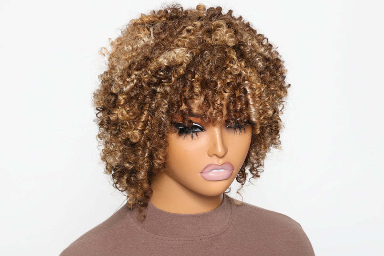 Blonde Highlight Afro Kinky Curly Wig With Bangs 100% Human Hair Bouncy Curls Short Human Hair Wigs Full Machine Made Wig