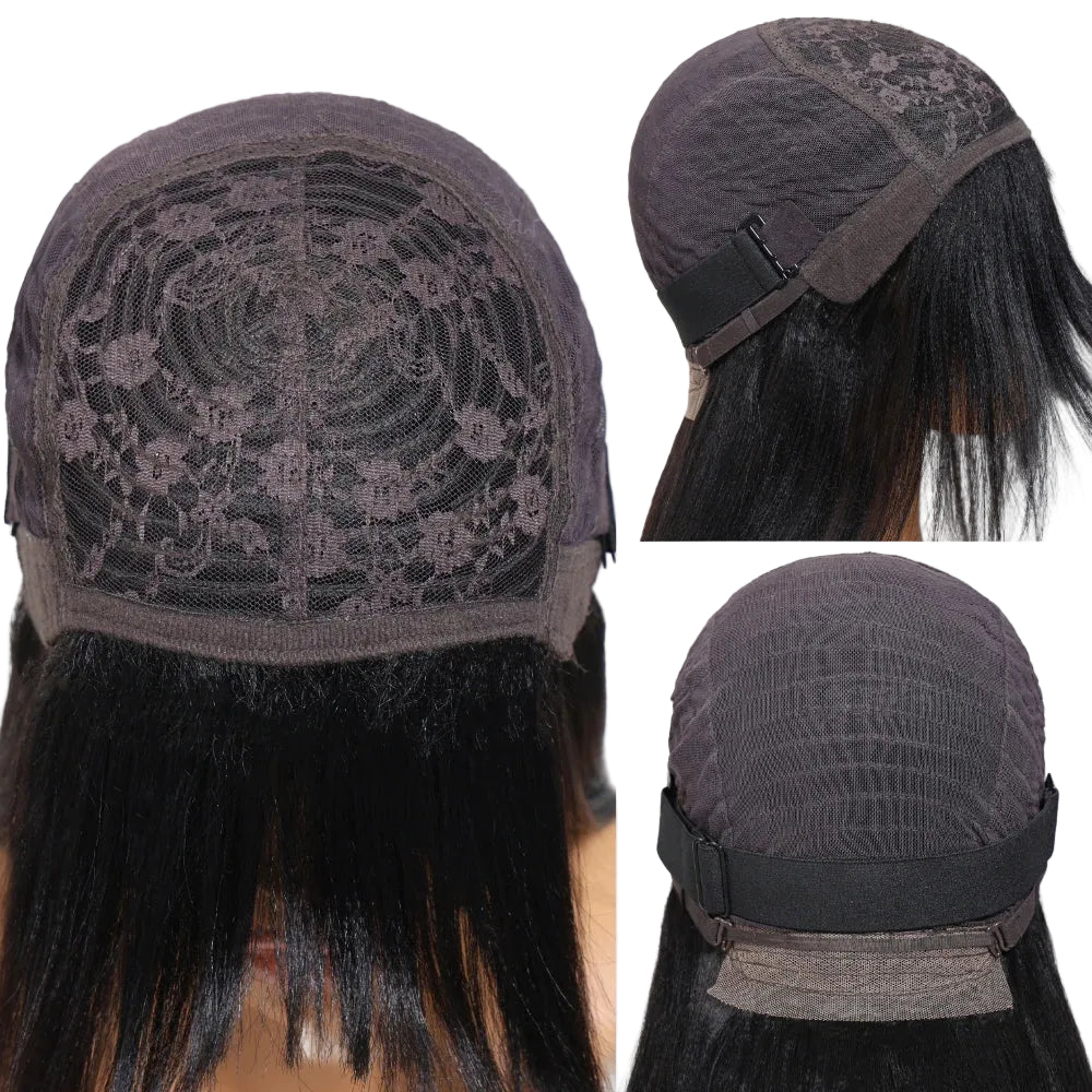 Layered Cut Yaki Straight Wig With Bangs 100% Human Hair Full Machine Made Wig 150% Density