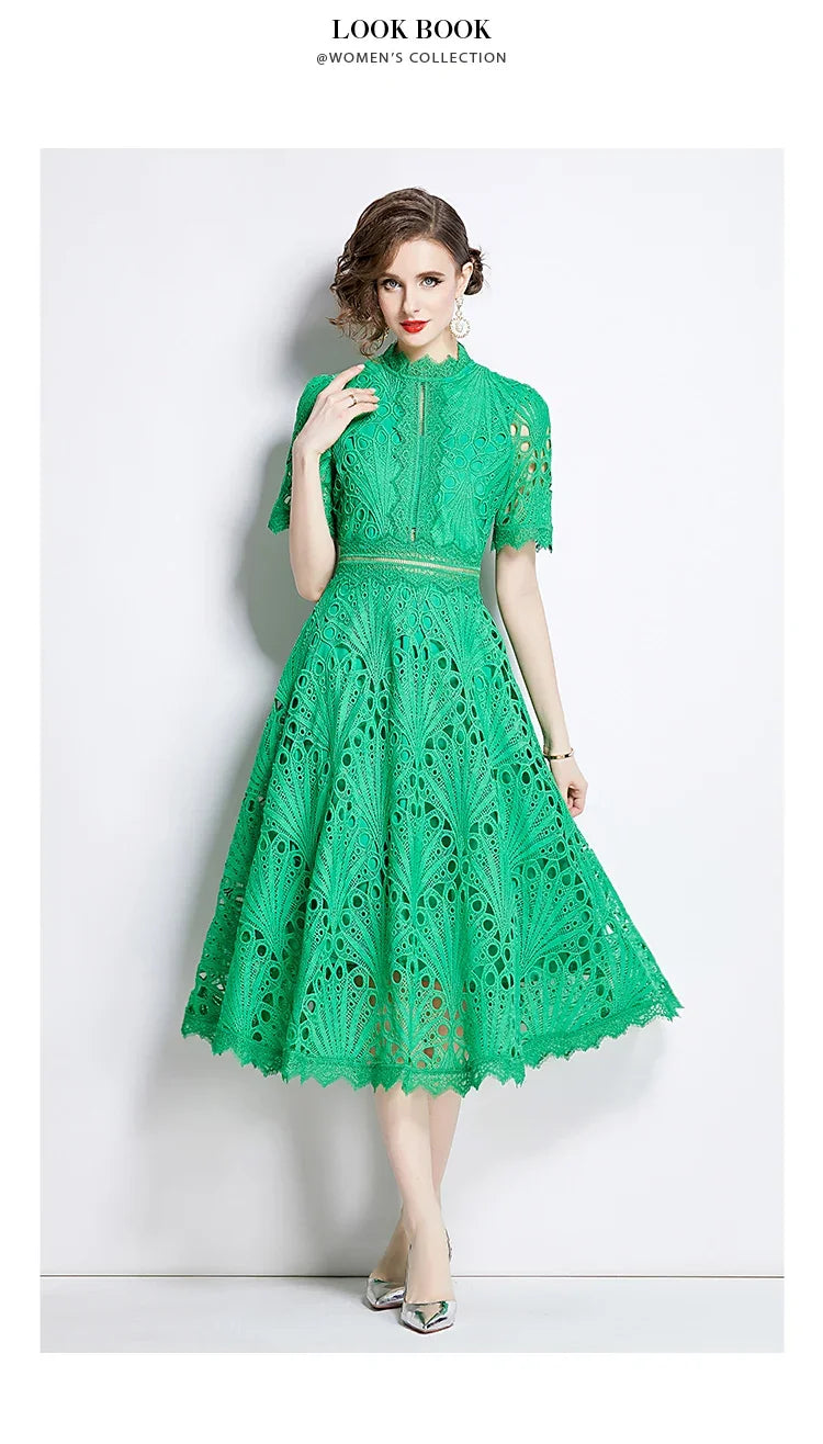 Women's Vintage High-End Lace Hollow-Out Long Dress — Slim Elegant Summer Gown
