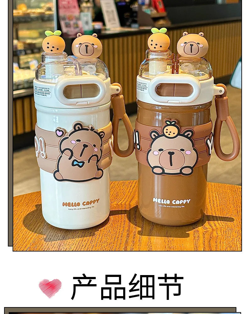 Capybara Stainless Steel Water Bottle — 520ml Vacuum Insulated with Straw