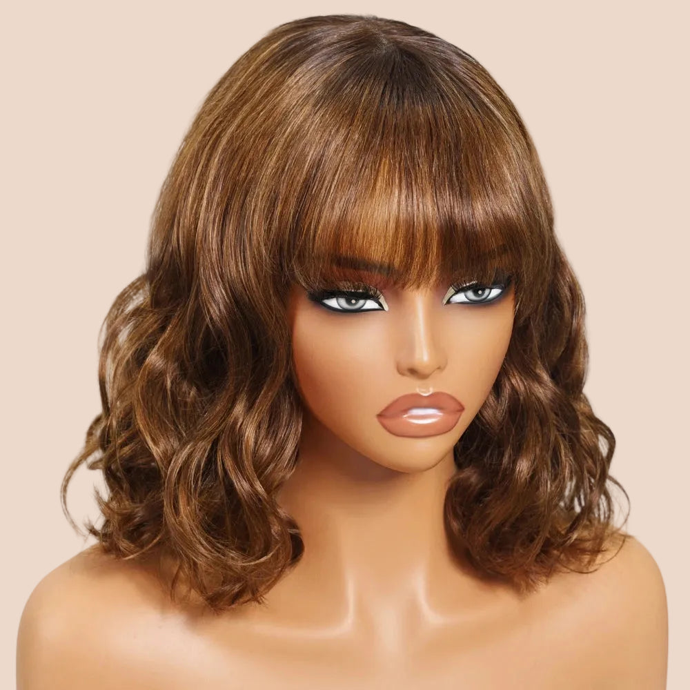 Brown Colored Loose Wave Wig With Bangs 4x2 Lace Short Bob Wig Human Hair Glueless Wig 150% Density