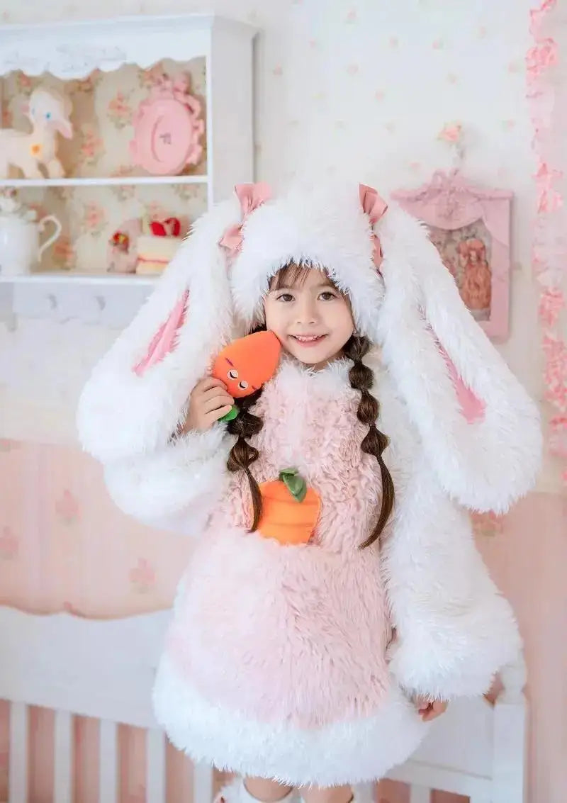 Cartoon Children Plush Rabbit Cosplay Costume Kawaii Kids Winter Warm Sets Top Pants Hat Suit Girl Halloween Party Outfits Gift