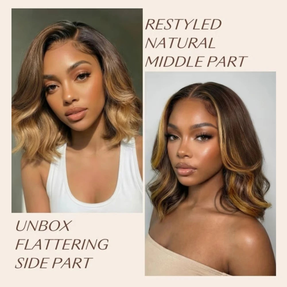 Brown With Blonde Highlights Wavy Bob Wig | Face-Framing Layers Side Part 7x5 & 13x4 Lace Glueless Human Hair