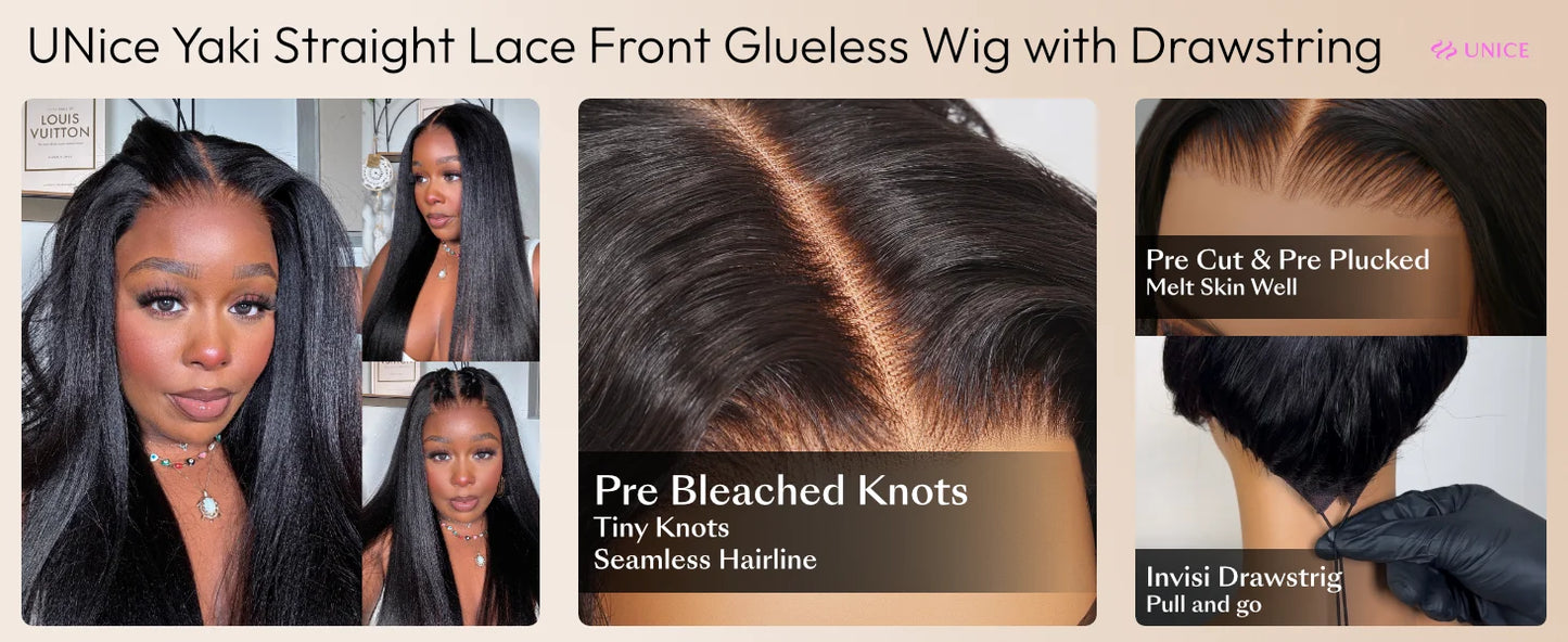 No-Slip 7x5 Lace Yaki Straight Wig With Drawstring 100% Human Hair Glueless Wigs Pre Cut Pre Bleached Wig for Beginners