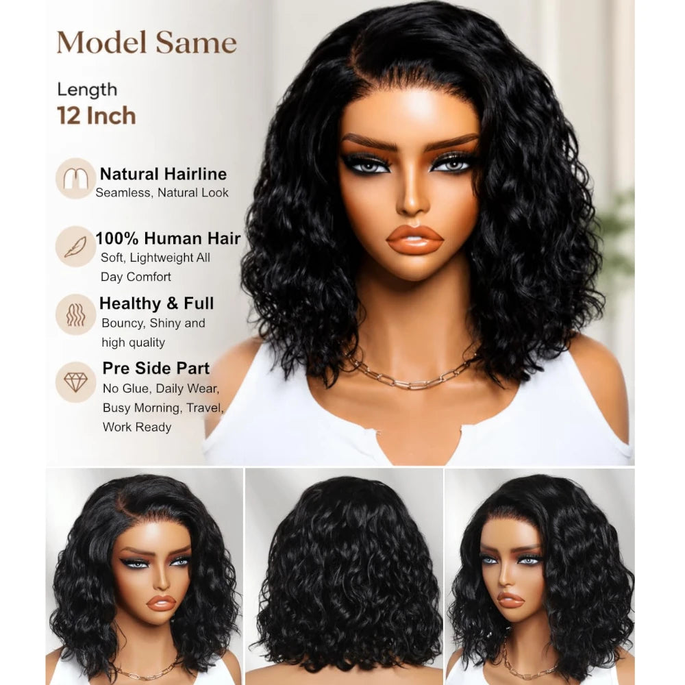 220% Density Water Wave Bob Wig – No-Slip 6x4 Minimalist Lace Glueless Human Hair | Ready To Wear