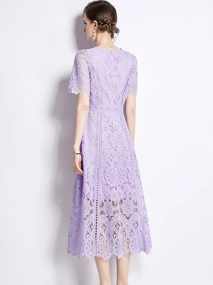 Women's Vintage High-End Lace Hollow-Out Long Dress — Slim Elegant Summer Gown