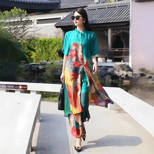 Elegant Vintage Plus Size Wide Leg Pants Two-Piece Set for Women — Slimming Summer Outfit