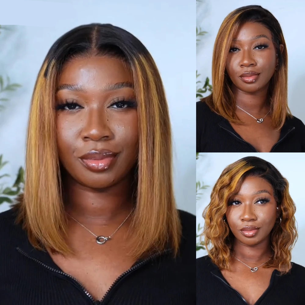 Brown With Blonde Piano Highlights Blunt Bob Wig With Dark Roots | No-Slip 7x5 Pre-Cut Glueless Human Hair