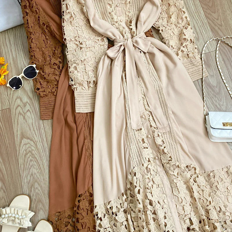 Women's Vintage Lace Bell Sleeve Dress — Waist-Cinching Belt A-Line Gown