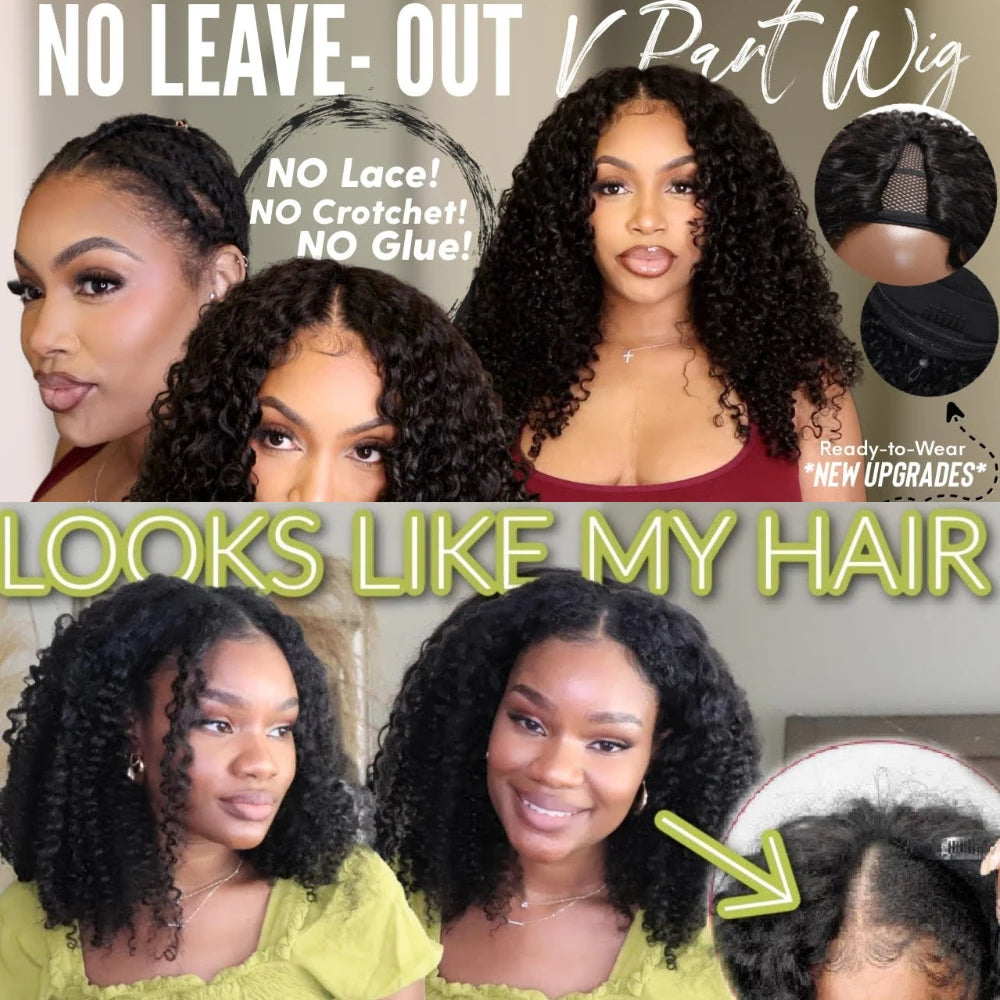 Kinky Curly V Part Wig 100% Human Hair — Clip-In with Drawstring | 180% Density
