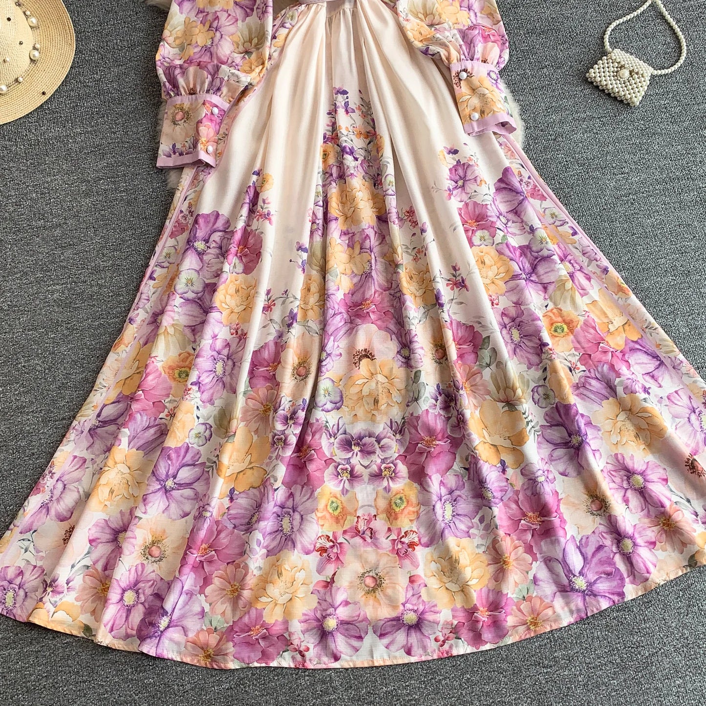Women's Romantic Print Lantern Sleeve Dress — Belted Split Maxi