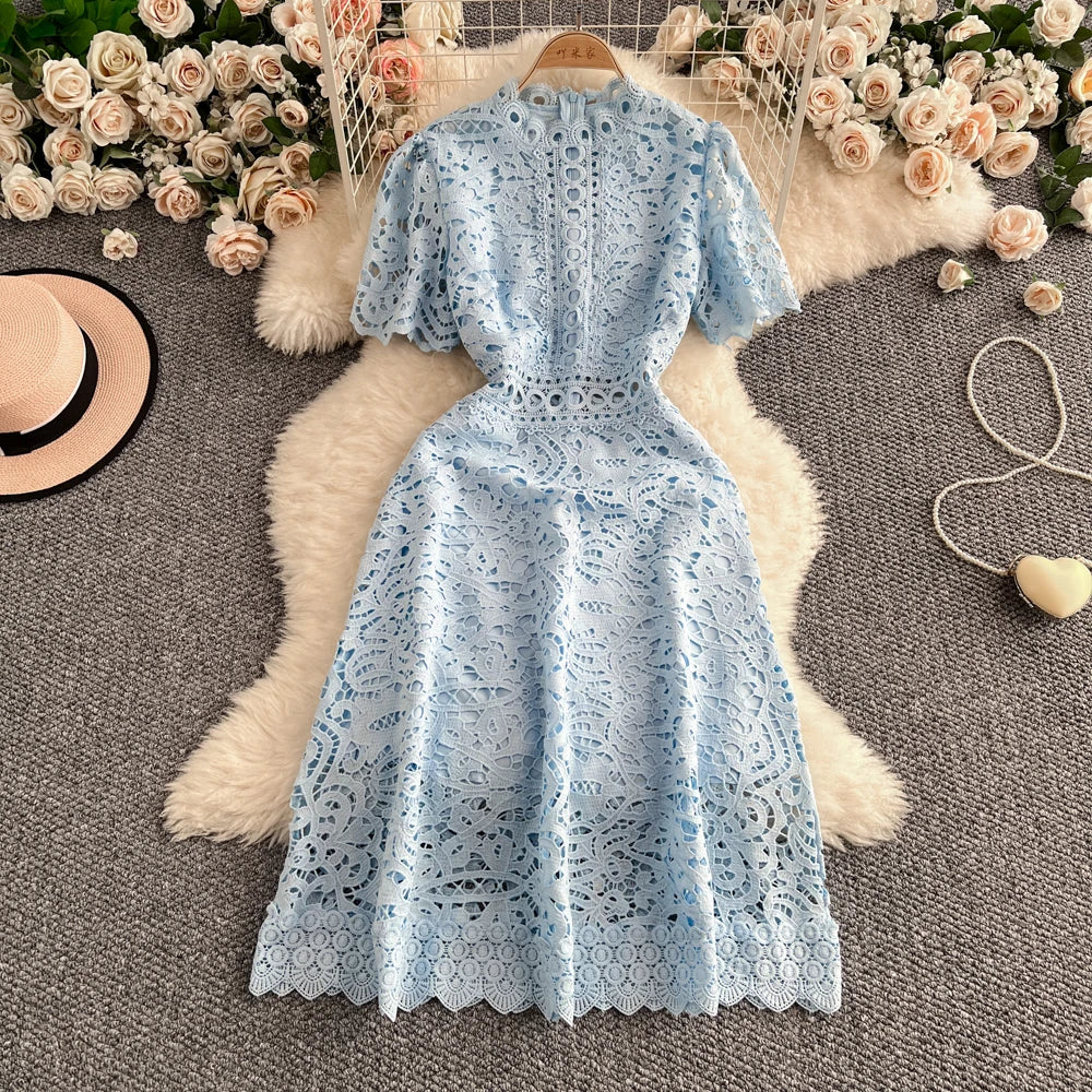 Women's French Style Hollow-Out Lace Dress — Waist-Cinched Short Sleeve A-Line