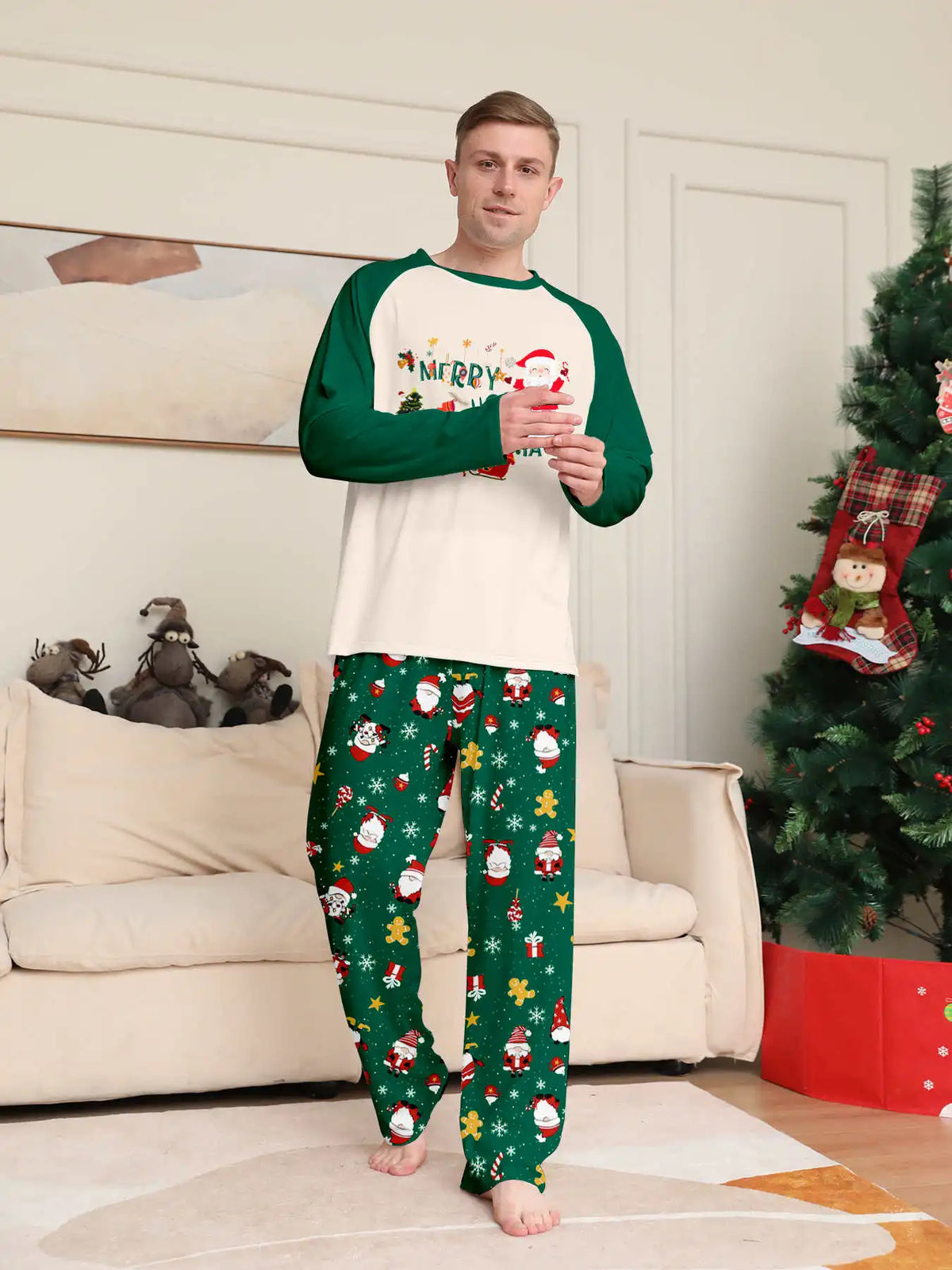 Christmas Family Matching Pajamas, Green Pattern Set for Mom, Dad & Kids