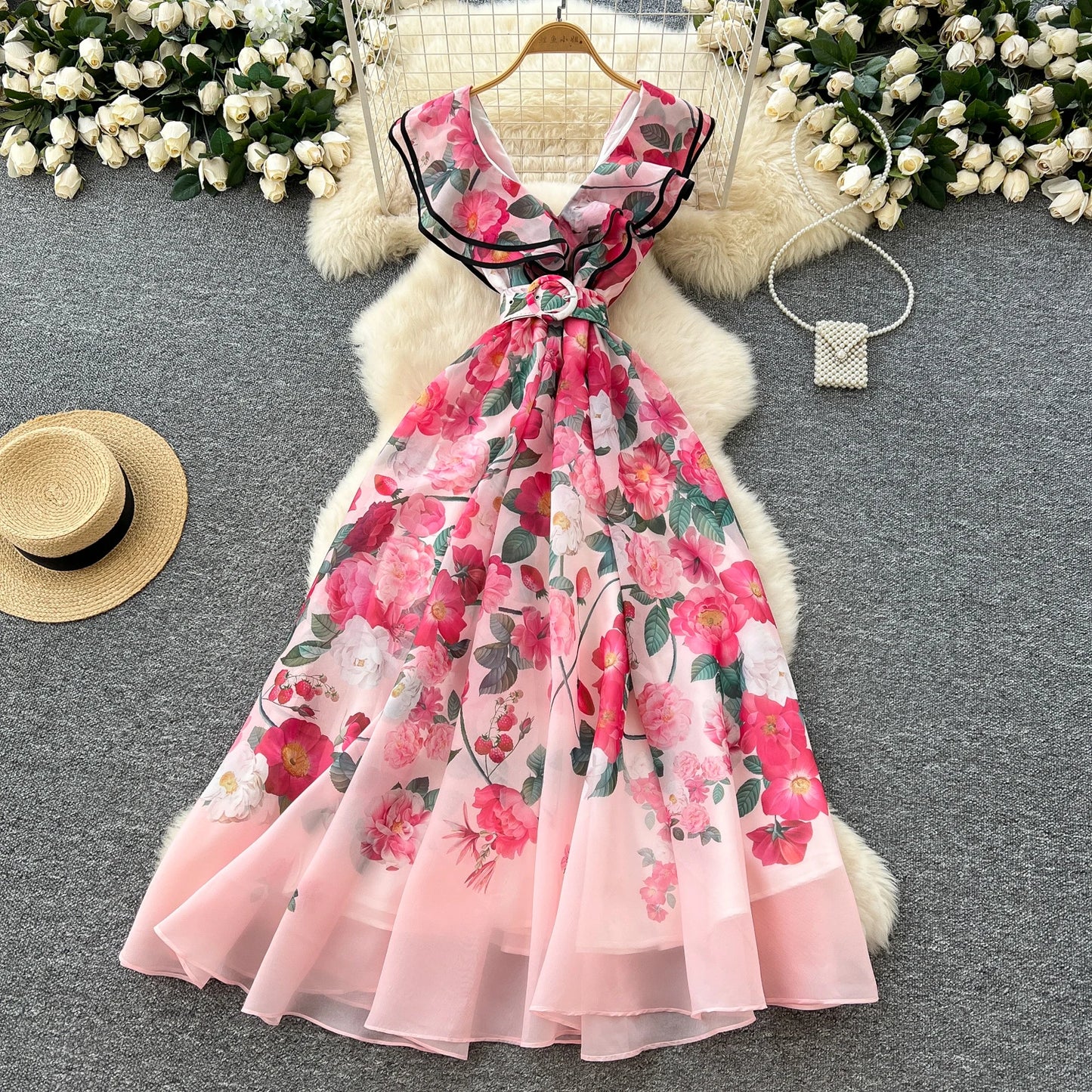Women's French Elegant Sleeveless V-Neck Printed Dress — Ruffled A-Line Beach Boho
