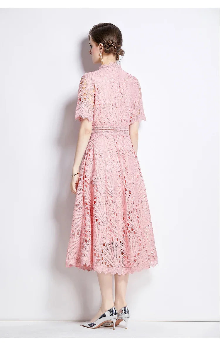 Women's Vintage High-End Lace Hollow-Out Long Dress — Slim Elegant Summer Gown