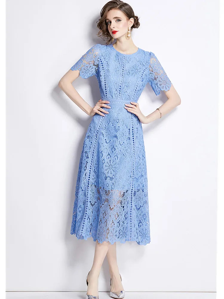Women's Vintage High-End Lace Hollow-Out Long Dress — Slim Elegant Summer Gown