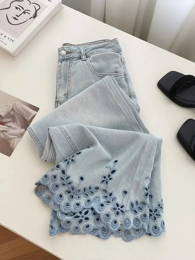 Women's High-Waist Rhinestone Embroidered Straight Jeans — Y2K Luxury Streetwear