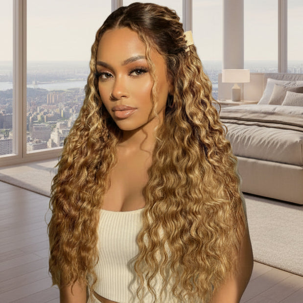 UNice No-Slip 13x4 Lace Frontal Honey Blonde Highlights Water Wave Human Hair Wig With Drawstring Pull & Go Gluele