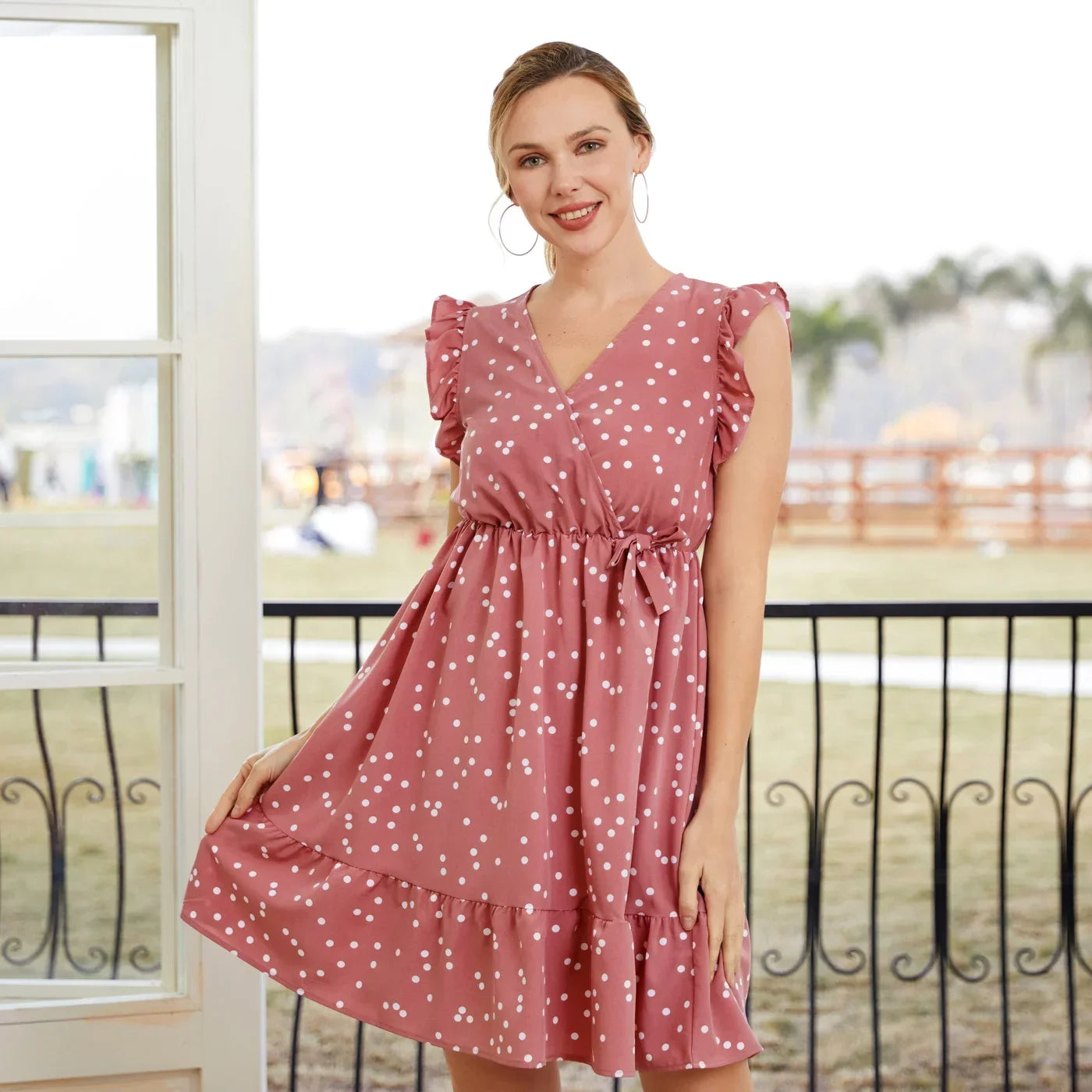 Family Matching Polka Dot Flutter-Sleeve Wrap Dress — Mom & Daughter