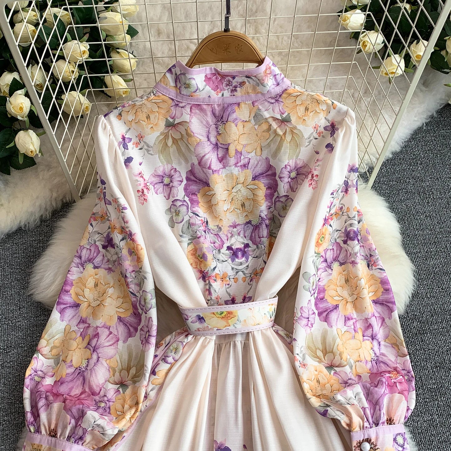 Women's Romantic Print Lantern Sleeve Dress — Belted Split Maxi