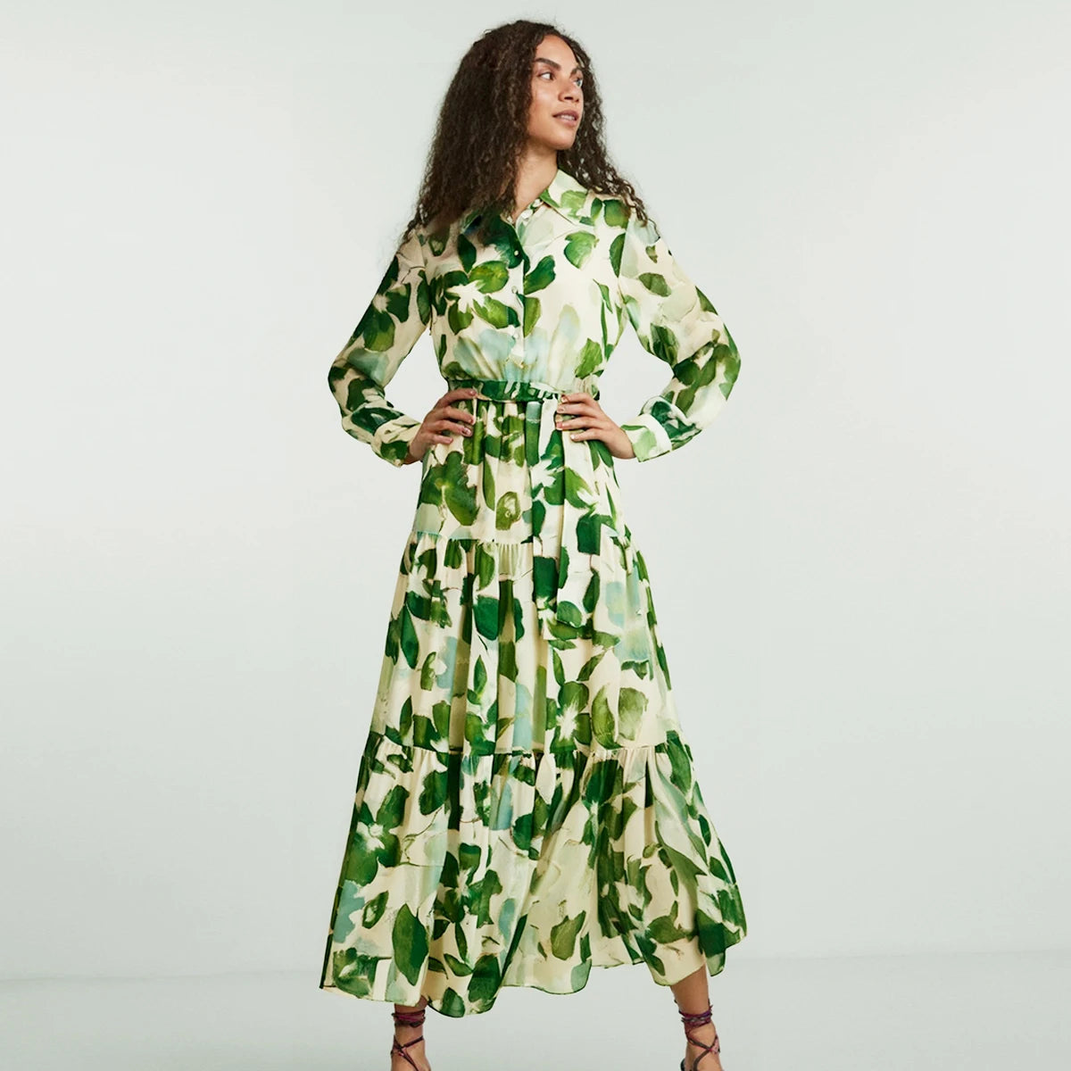 CHCH Women's Dress 2025 Spring New Long Sleeve Collar Green Flower Vacation