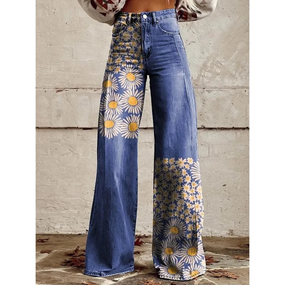 Women's Boho Floral High Waist Wide Leg Pants — Vintage Y2K Loose Trousers