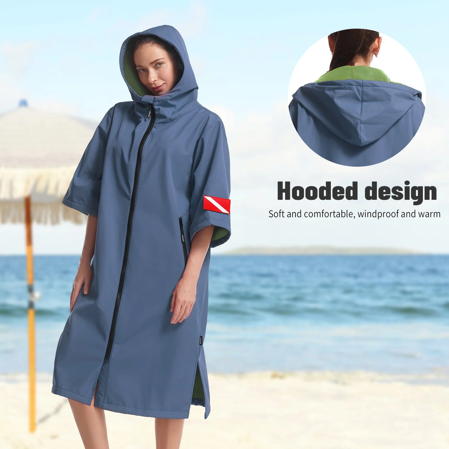 Short Sleeve Hooded Waterproof Changing Cape – Windproof Quick-Dry Surf Robe