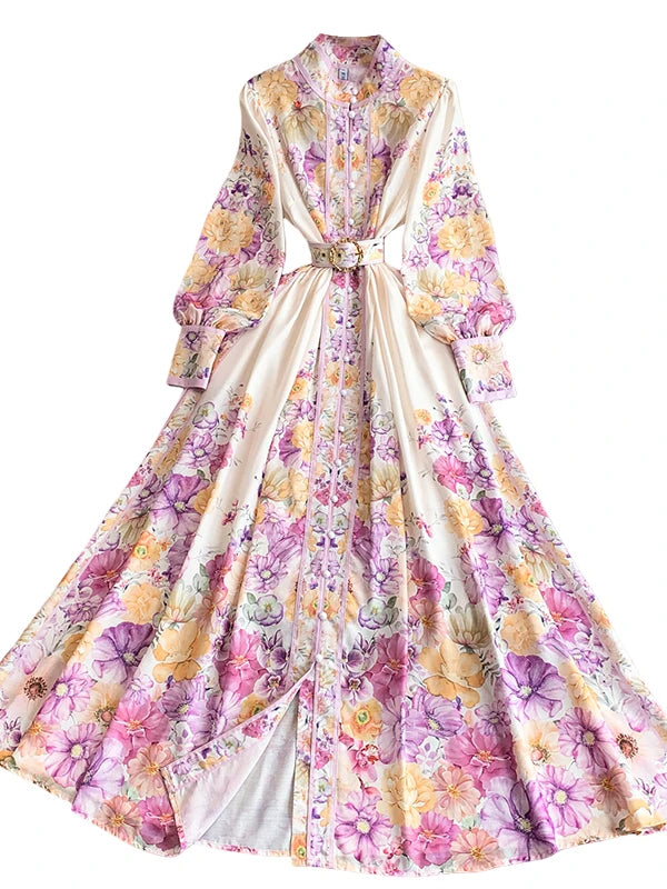Women's Romantic Print Lantern Sleeve Dress — Belted Split Maxi