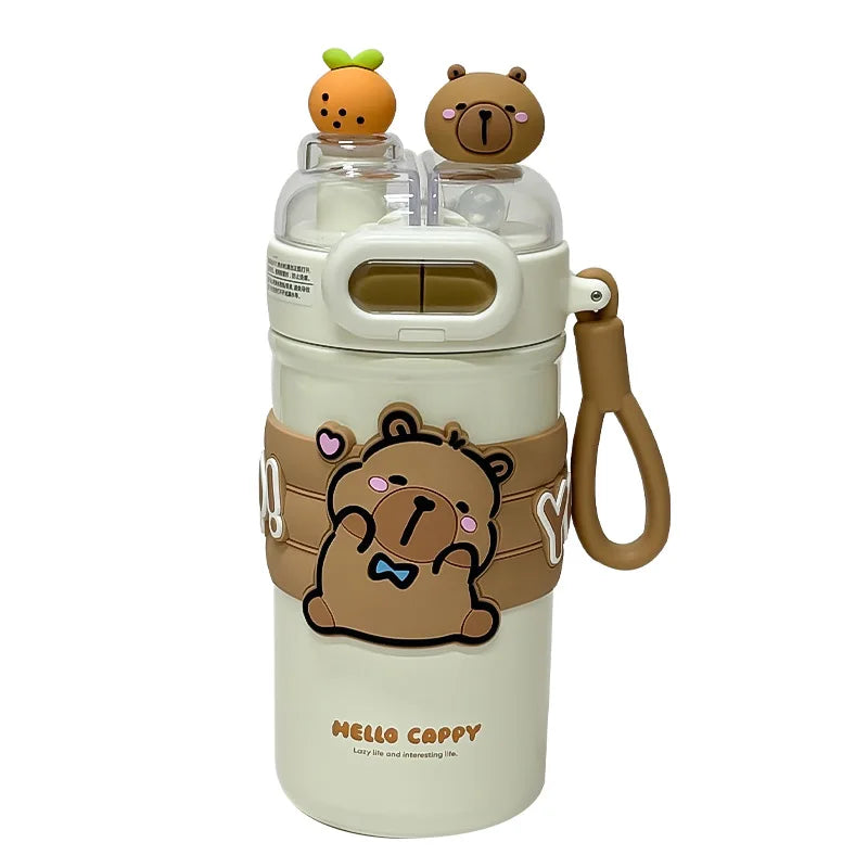Capybara Stainless Steel Water Bottle — 520ml Vacuum Insulated with Straw