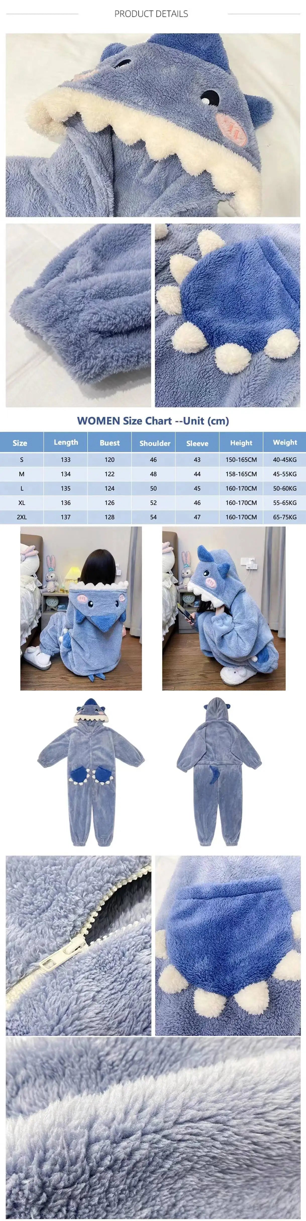 Women's Cartoon Shark Hooded Kigurumi Jumpsuit — Cosplay Loungewear & Sleepwear