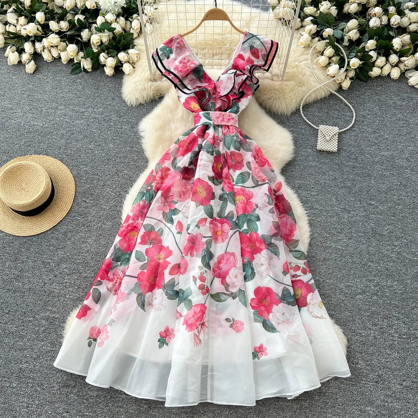 Women's French Elegant Sleeveless V-Neck Printed Dress — Ruffled A-Line Beach Boho