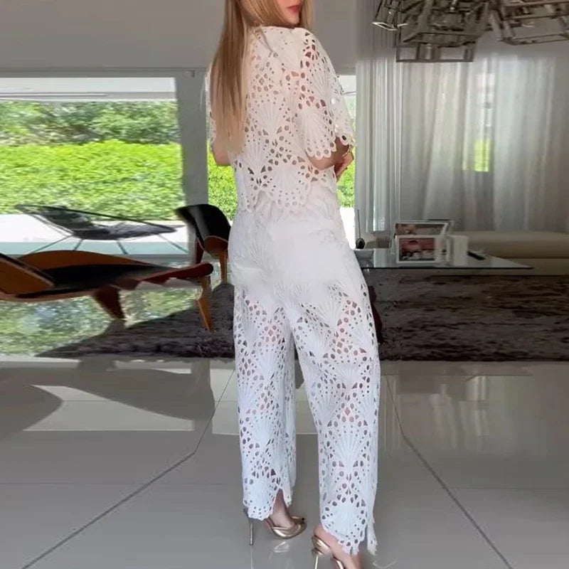 Women's Elegant Lace Embroidery Hollow-Out Two-Piece Set — Short Sleeve Top & Wide-Leg Pants