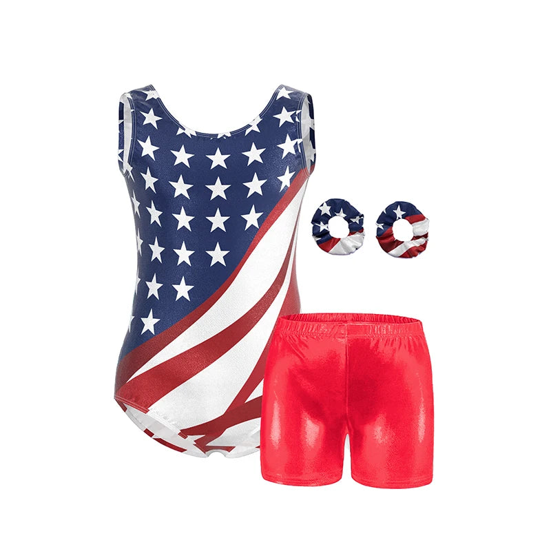 Girls Gymnastics Leotard Set – Shiny Colorful Sleeveless Tank with Shorts & Hairband