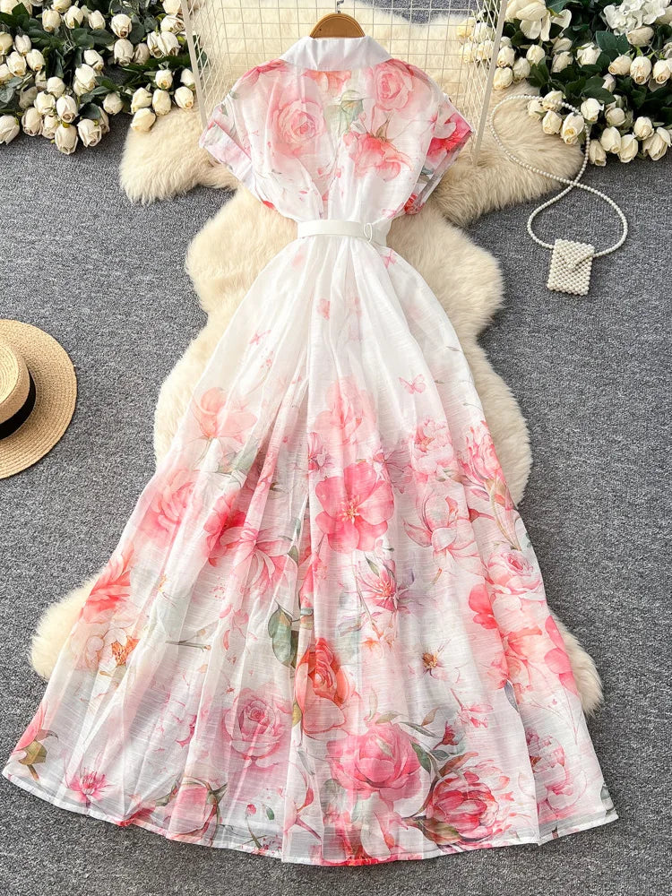 Women's French Countryside Chiffon Printed Dress — Raglan Sleeve A-Line