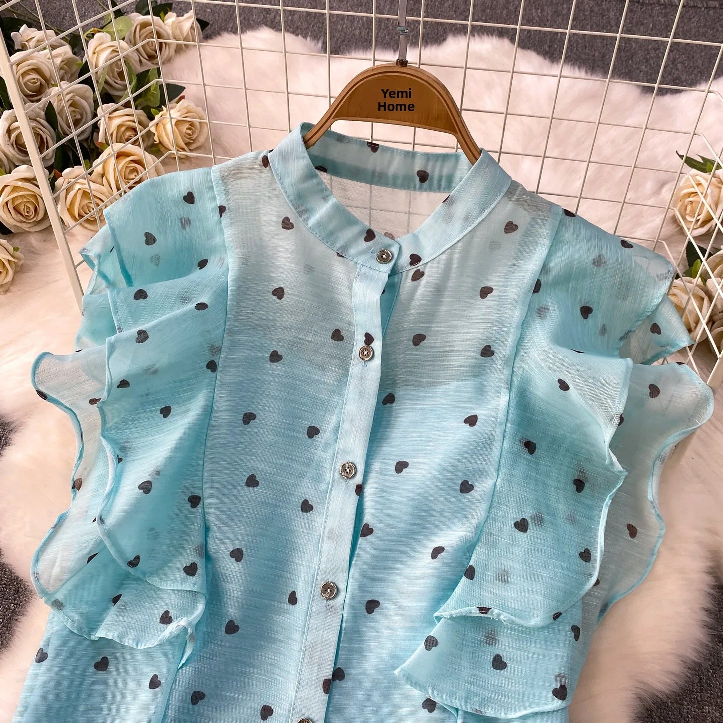 Women's French Style Sweet Chiffon Two-Piece Set — Heart Print Shirt & Flared Skirt