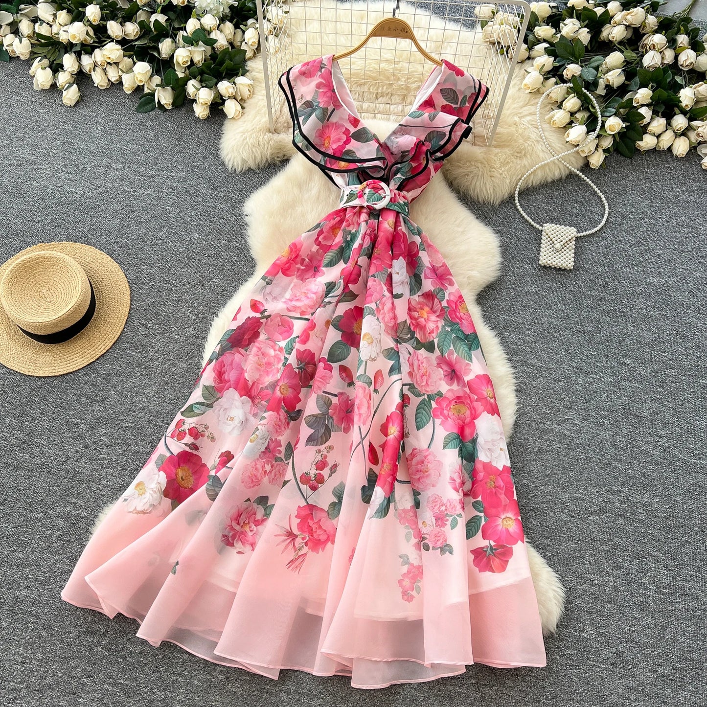 Women's French Elegant Sleeveless V-Neck Printed Dress — Ruffled A-Line Beach Boho