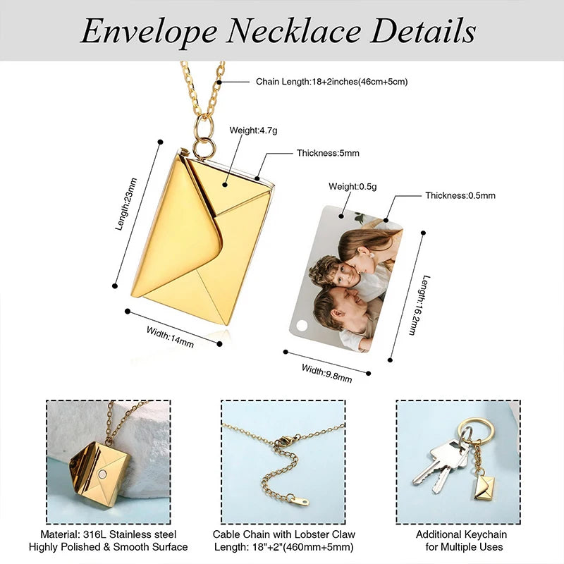 Personalized Photo & Text Envelope Locket Necklace