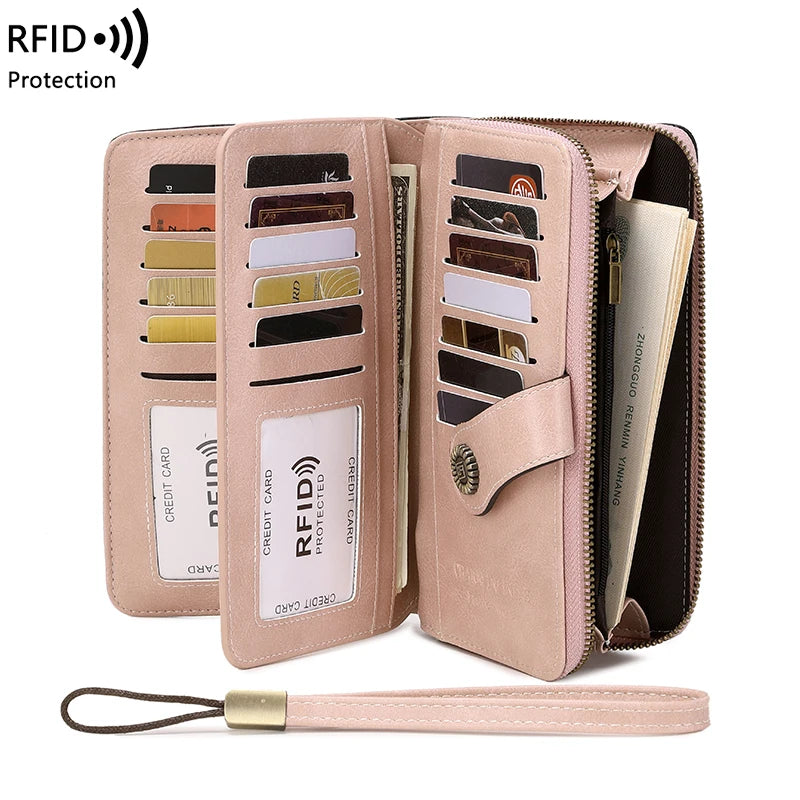 RFID anti-theft brush Retro large capacity long wallet Multi-card women's wallet Multi-function zipper wallet with wrist strap