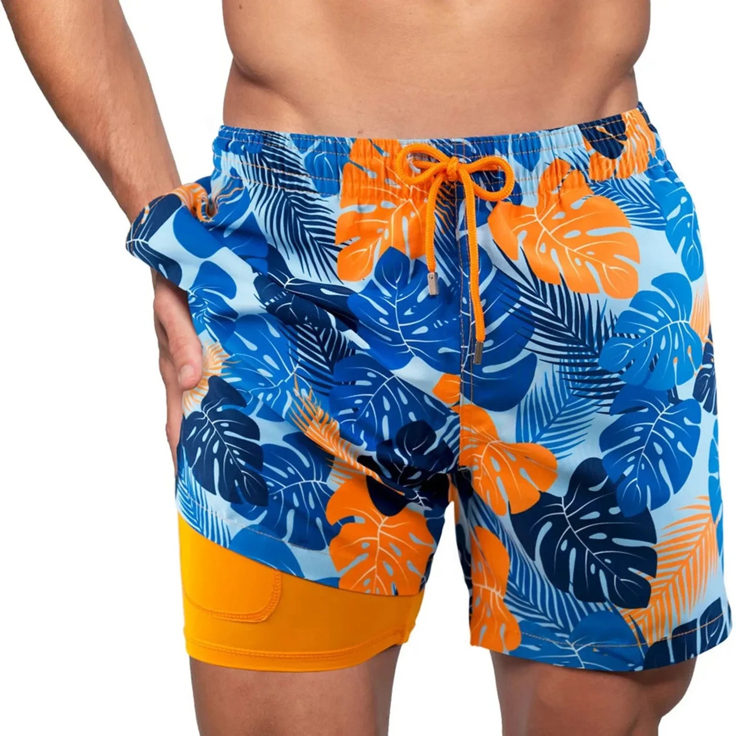Men's Tropical Print Beach Shorts with Lining — Casual Summer Swim Trunks