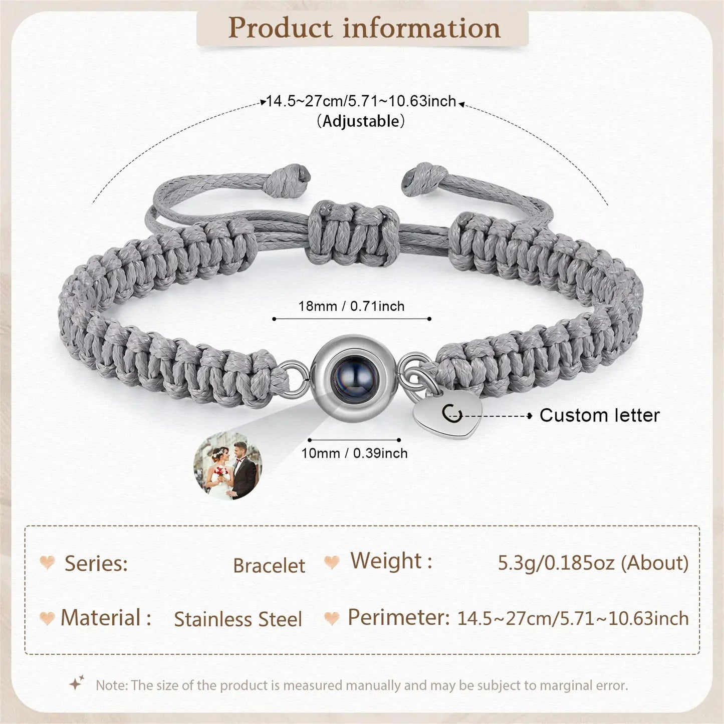 Personalized Photo Projection Bracelet with Custom Letter & Heart Pendant