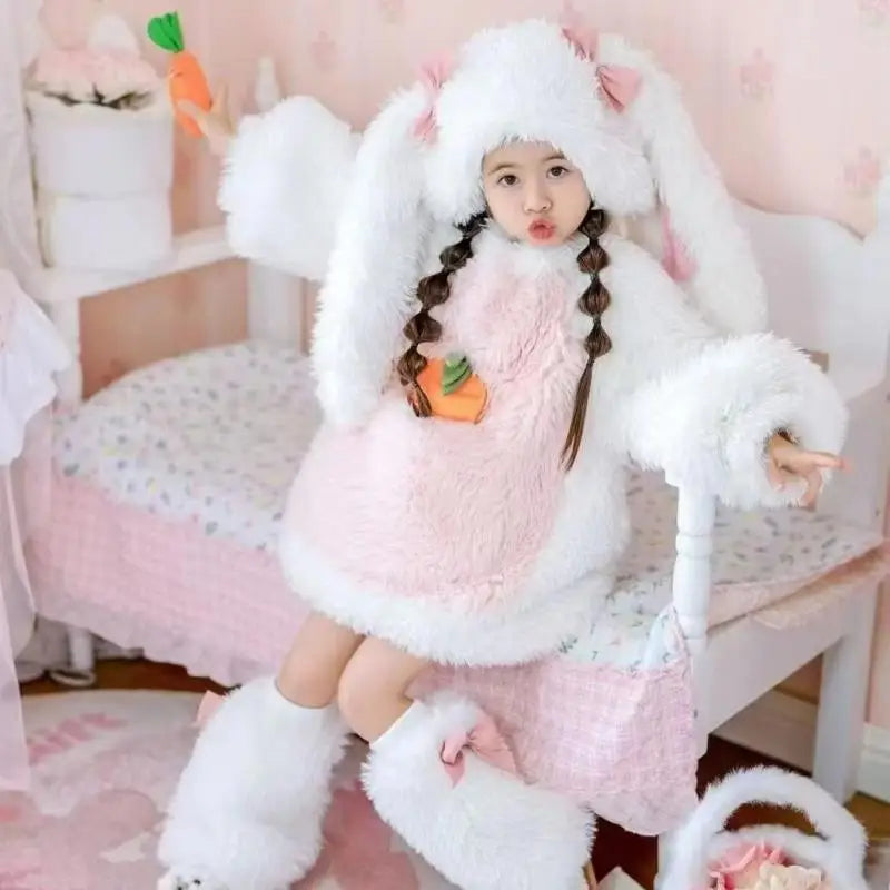 Cartoon Children Plush Rabbit Cosplay Costume Kawaii Kids Winter Warm Sets Top Pants Hat Suit Girl Halloween Party Outfits Gift