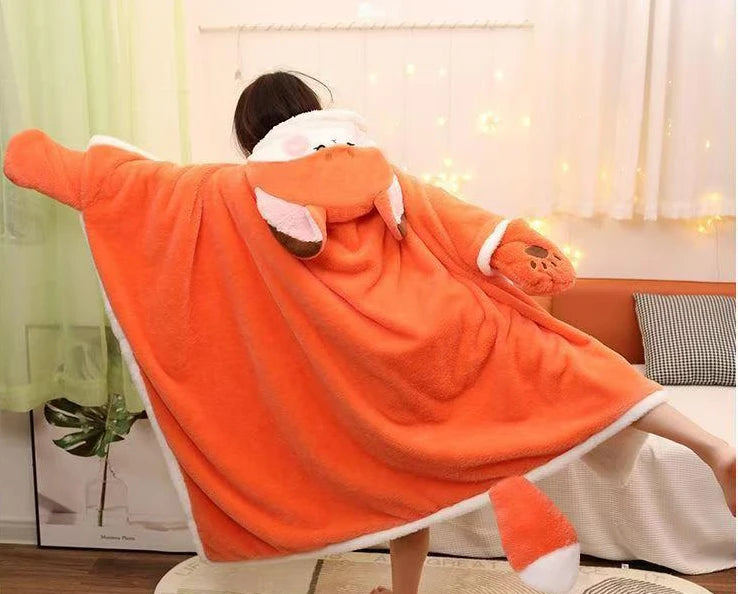 Winter Cartoon Fox Wearable Blanket Cloak — Cozy Shawl Nap Blanket