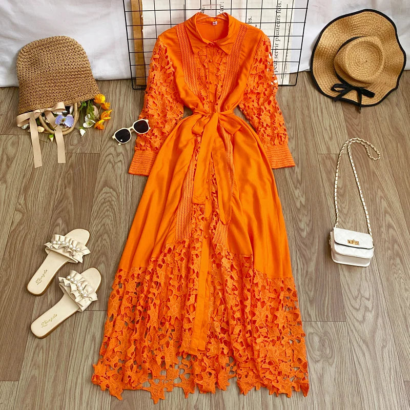 Women's Vintage Lace Bell Sleeve Dress — Waist-Cinching Belt A-Line Gown