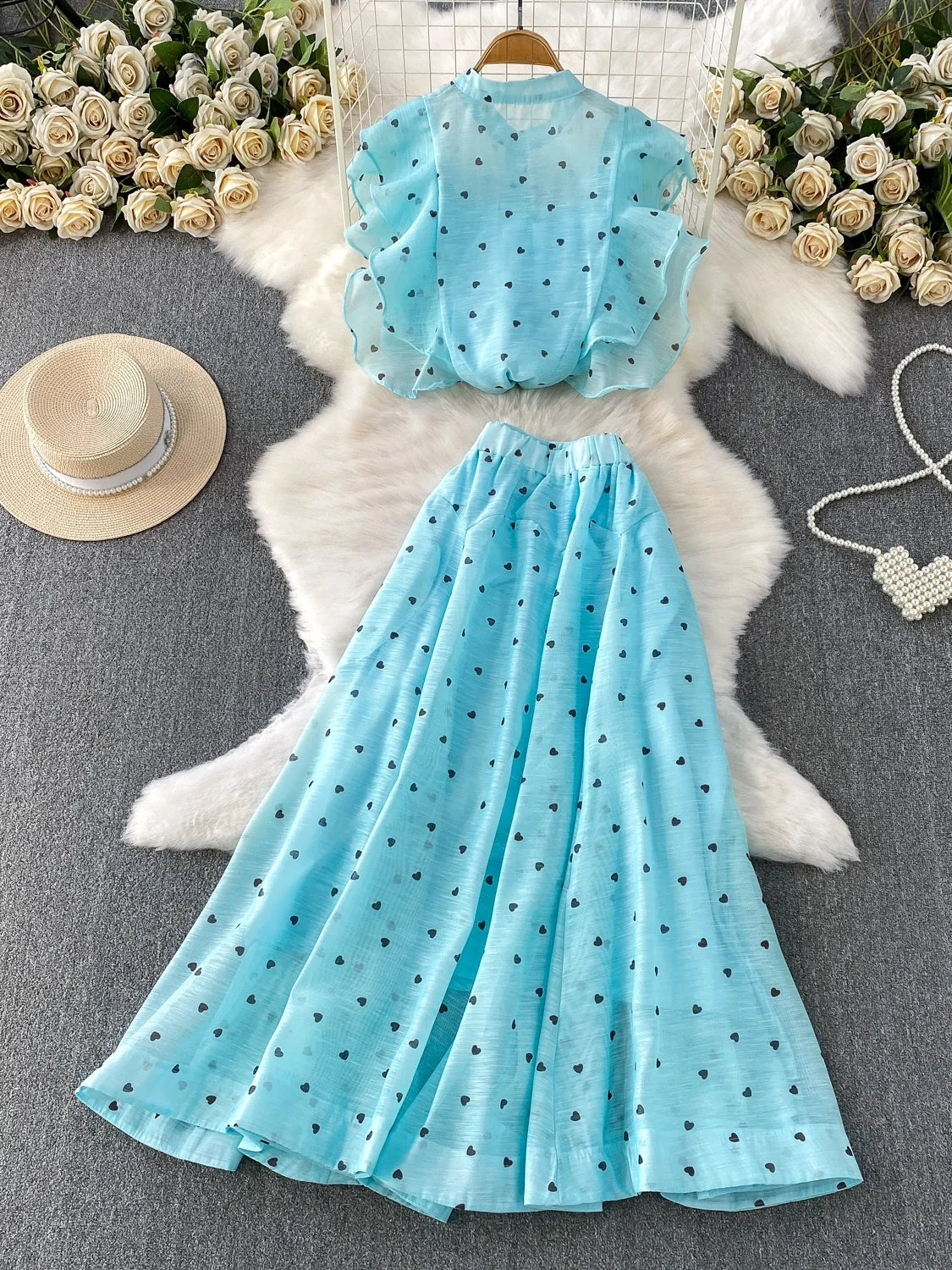 Women's French Style Sweet Chiffon Two-Piece Set — Heart Print Shirt & Flared Skirt