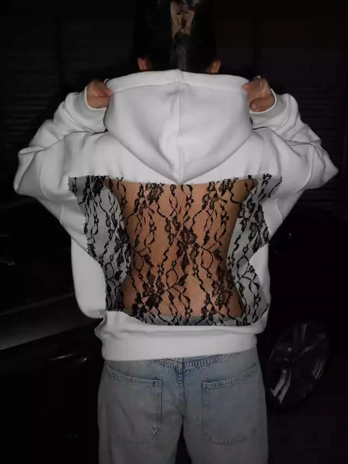 Women's Backless Lace Fleece Hoodie
