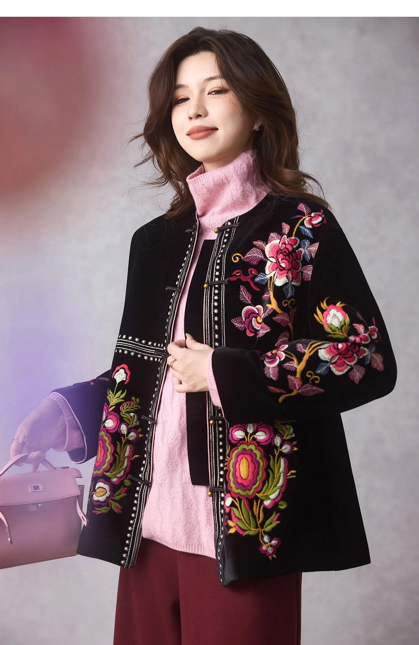 Women's Black Embroidered Velvet Jacket — Chinese Floral Style