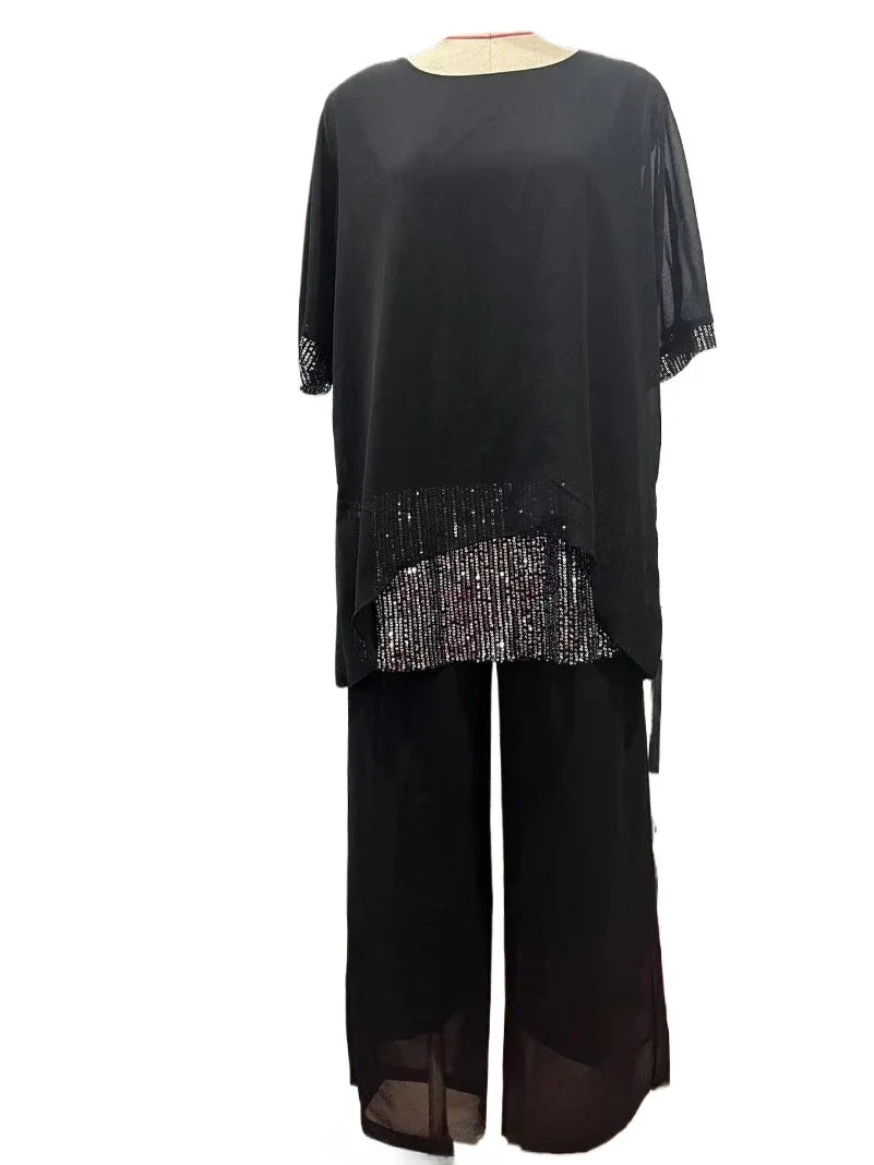 Women's Summer Chiffon Sequin Patchwork Casual Set — Batwing Sleeve Top & Wide Leg Pants