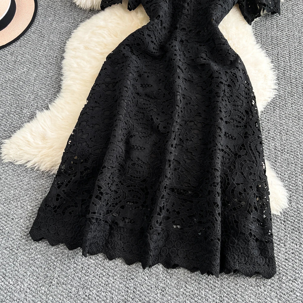 Women's French Style Hollow-Out Lace Dress — Waist-Cinched Short Sleeve A-Line